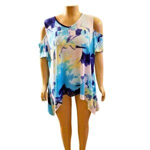 Avenue Cold Shoulder Tunic Top 26/28 Blue Yellow Abstract French Terry NWT